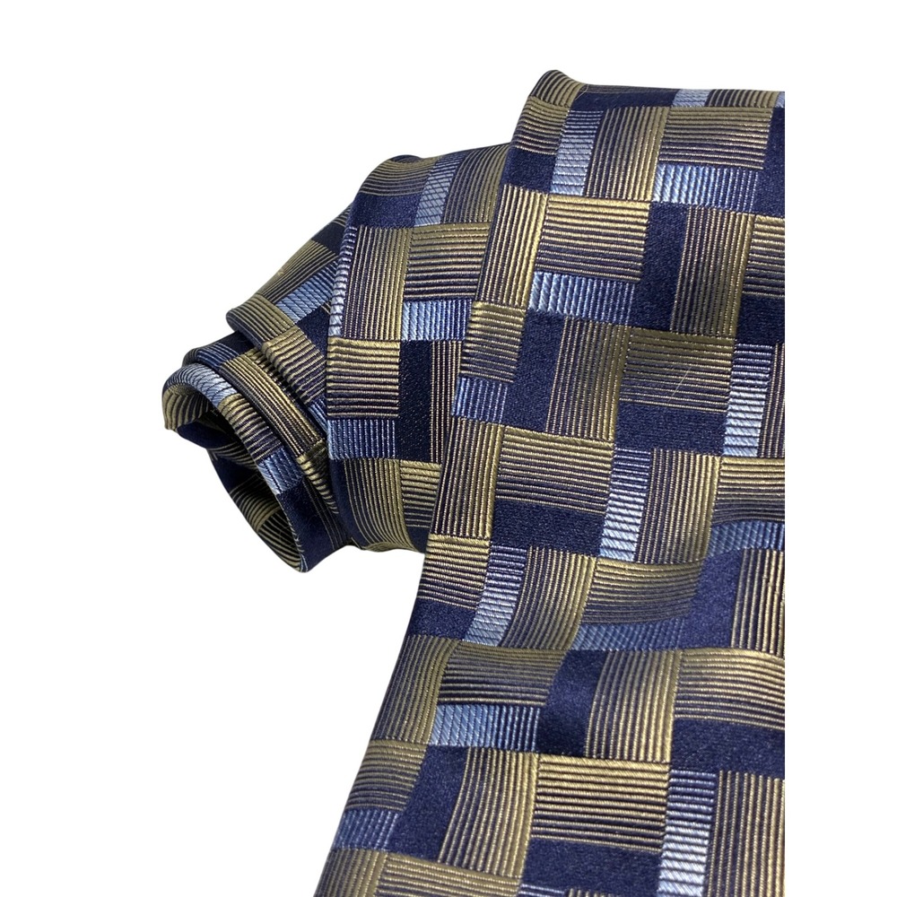 Platinum Designs Mens Silk Tie Navy Blue Gold Geometric Woven Hand Made Classic